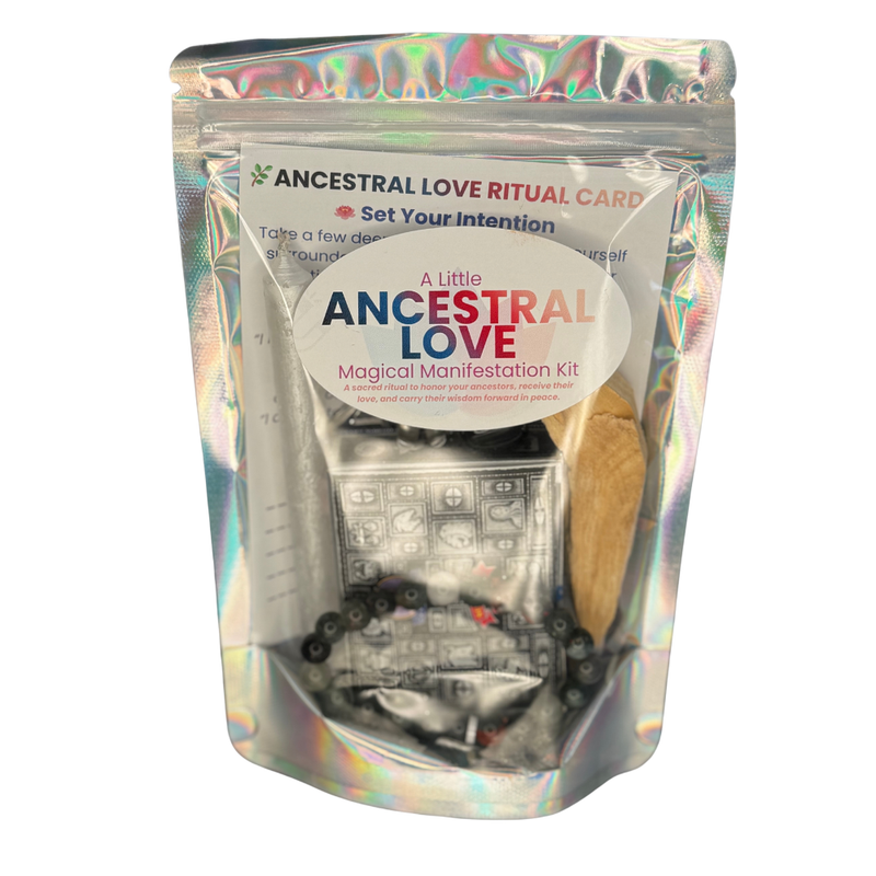 Ancestral Love Box with Palo Santo, white candle, Black Obsidian stone, and Bloodstone bracelet on a white background.