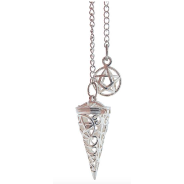 Antique Silver Pentacle Chambered Pendulum with hidden chamber for herbs or crystals, designed for protection, divination, and intuitive guidance.