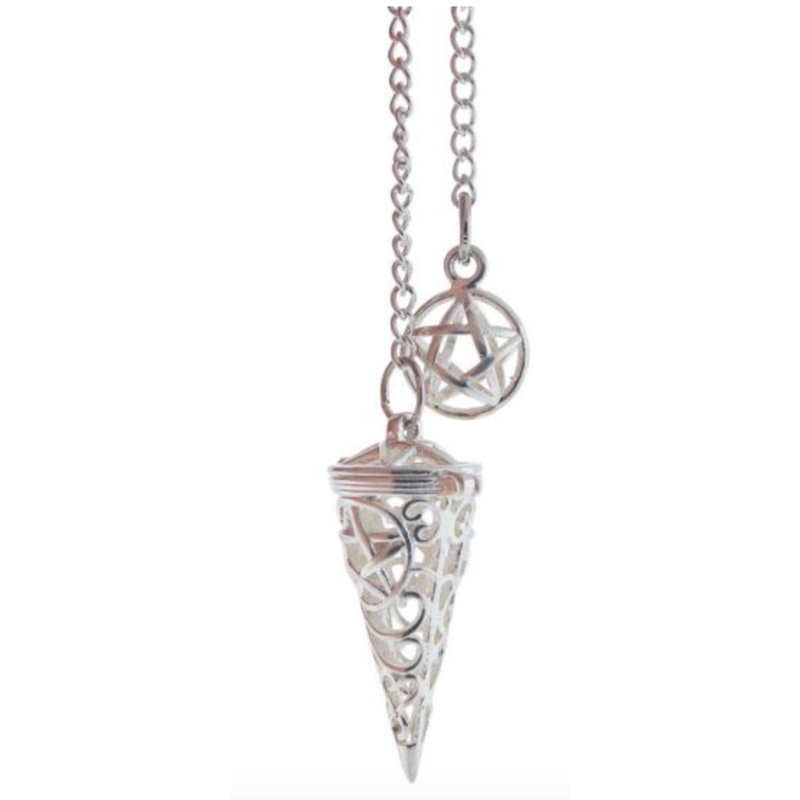 Antique Silver Pentacle Chambered Pendulum with hidden chamber for herbs or crystals, designed for protection, divination, and intuitive guidance.