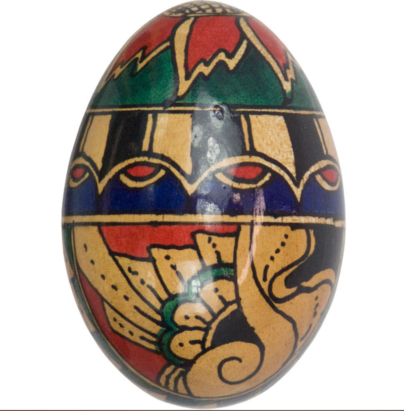 Hand-painted wood egg shaker with bold Art Deco face design