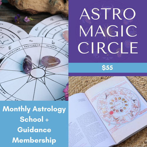 Advertisement for 'Astro Magic Circle' with astrological charts and stones on a textured surface.