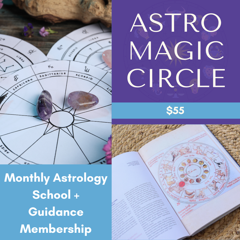 Advertisement for 'Astro Magic Circle' with astrological charts and stones on a textured surface.