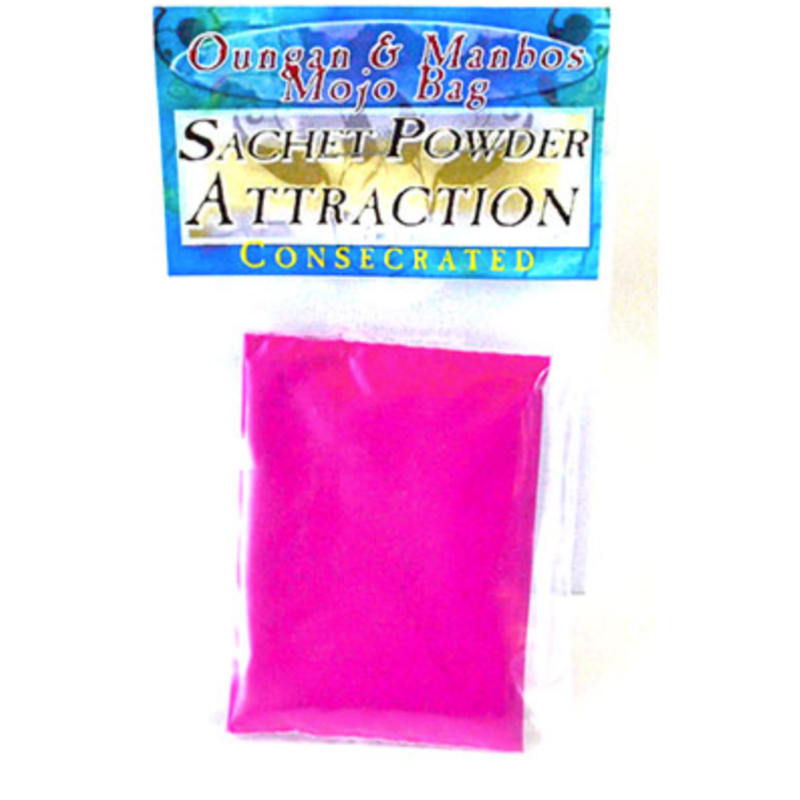 Attraction Sachet Powder (Consecrated) in a small ritual container, crafted to draw love, luck, and abundance with magical intention.
