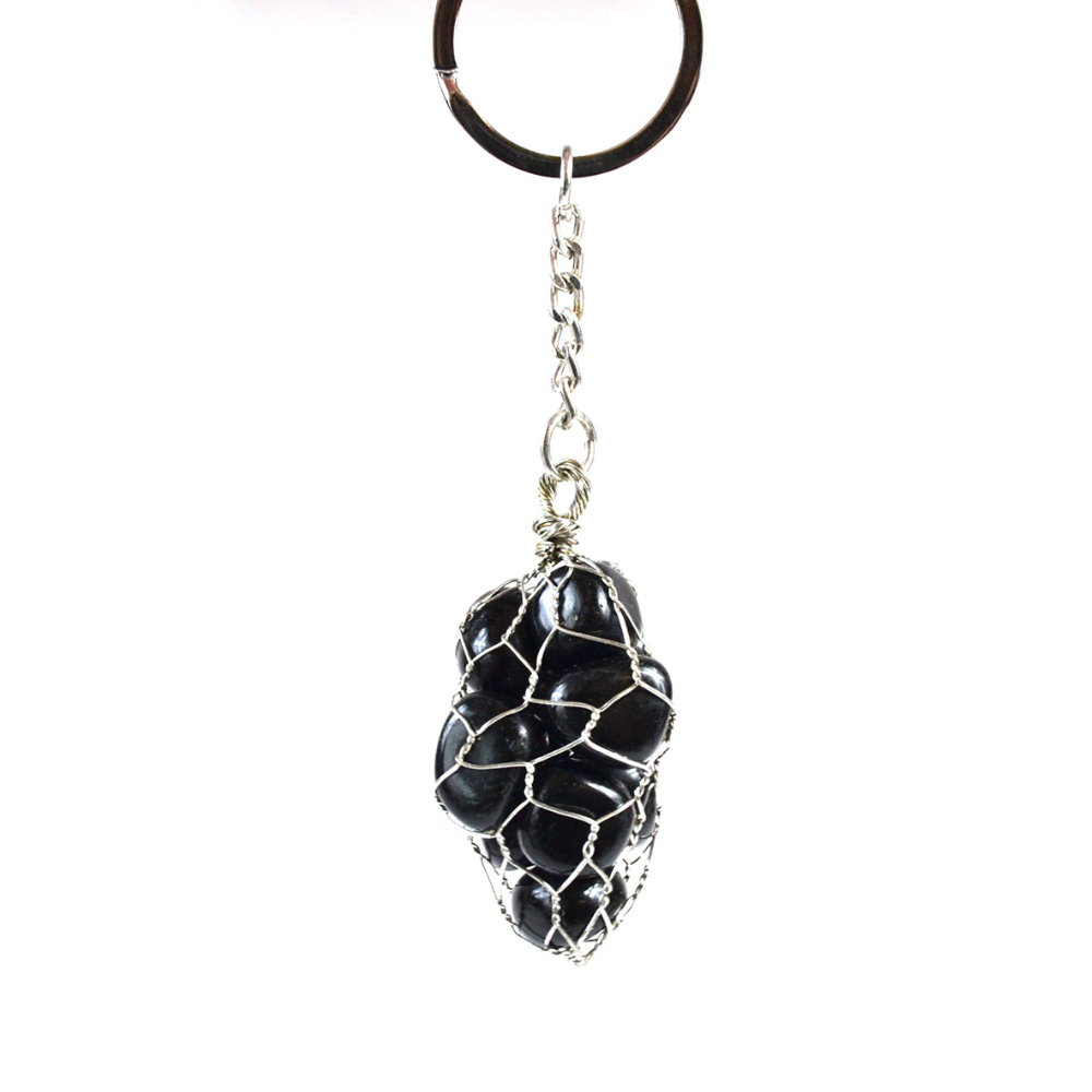 Black obsidian stone in a wire bag keychain
