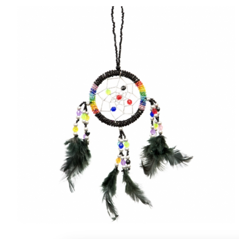 Handcrafted black dreamcatcher with 7 chakra beads and black feathers, designed for energy balance, protection, and spiritual harmony.