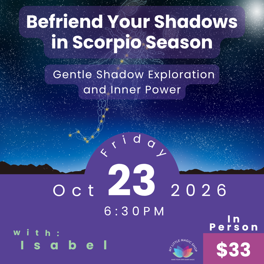 Promotional flyer for a Scorpio season event with starry night background and event details.