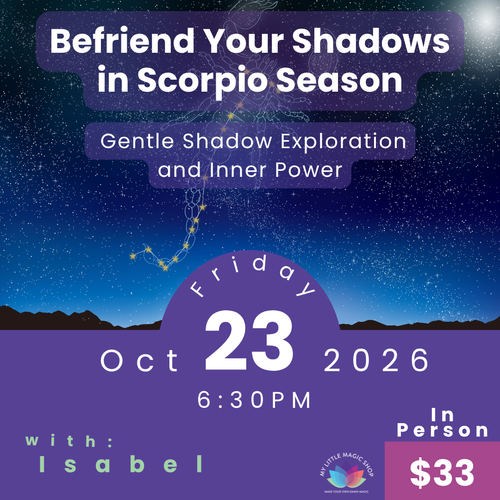 Promotional flyer for a Scorpio season event with starry night background and event details.