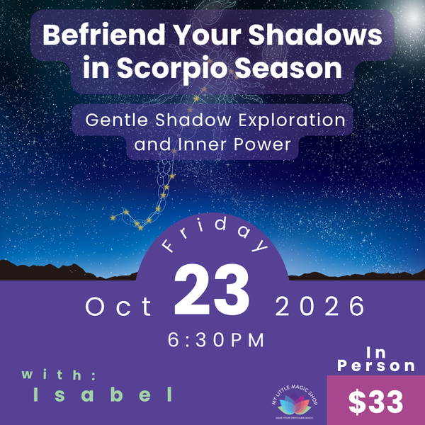 Promotional flyer for a Scorpio season event with starry night background and event details.