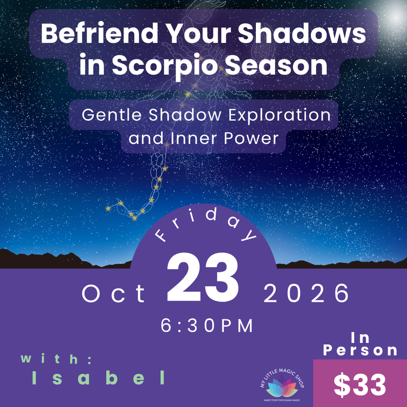 Promotional flyer for a Scorpio season event with starry night background and event details.