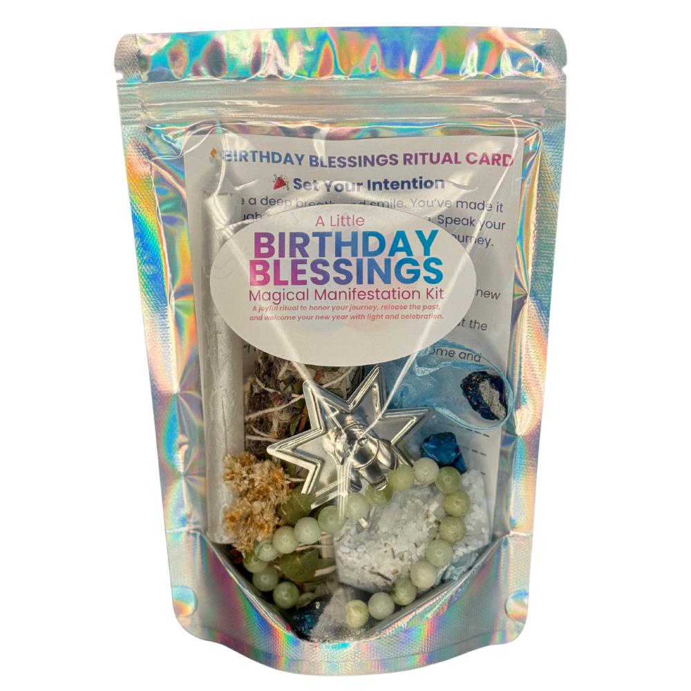 Birthday Blessings Magical Manifestation Kit with sage, white candle, Peacock Ore crystal, and Jade bracelet on a white background.