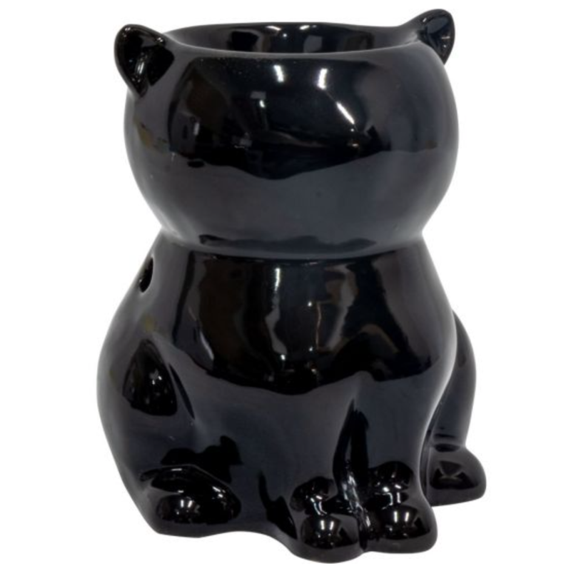 Black Cat Ceramic Oil Burner with tealight holder, used for essential oils or wax melts to promote protection and mystical ambiance.