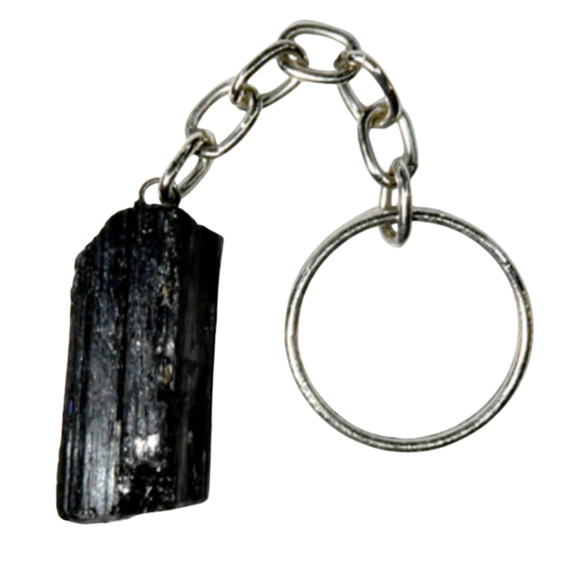 Black Tourmaline Rough Stone Keychain with natural crystal for grounding, protection, and energy cleansing.