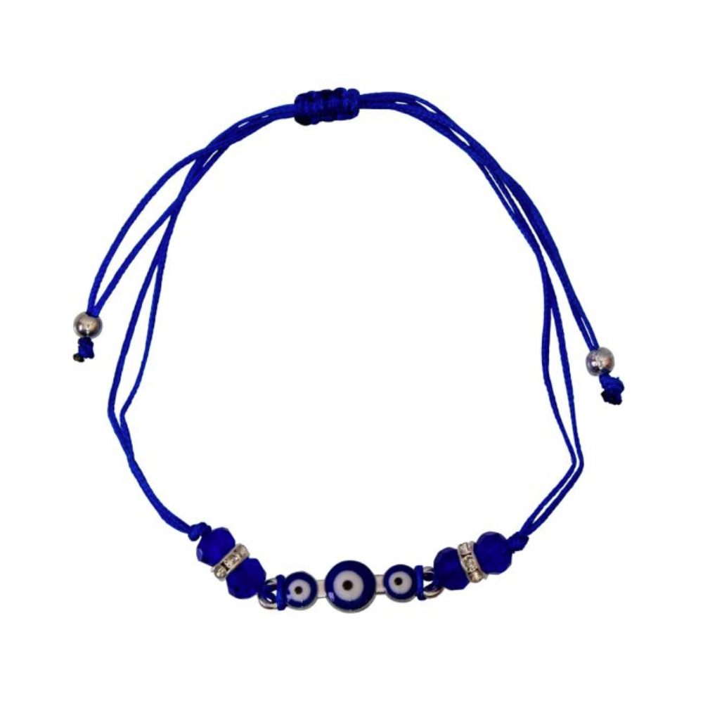 Blue Triple Evil Eye adjustable bracelet with rhinestone accents