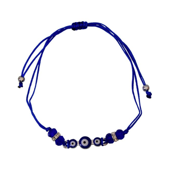 Blue Triple Evil Eye adjustable bracelet with rhinestone accents