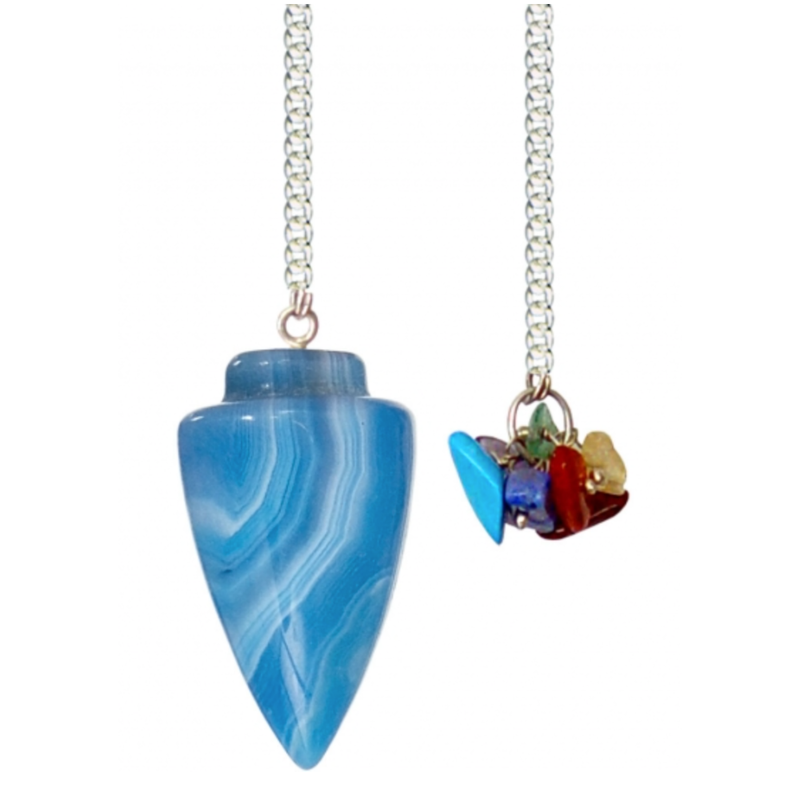 Blue Onyx Curved Pendulum with Chakra Gems, divination tool with seven chakra stones for energy balance and intuitive guidance.
