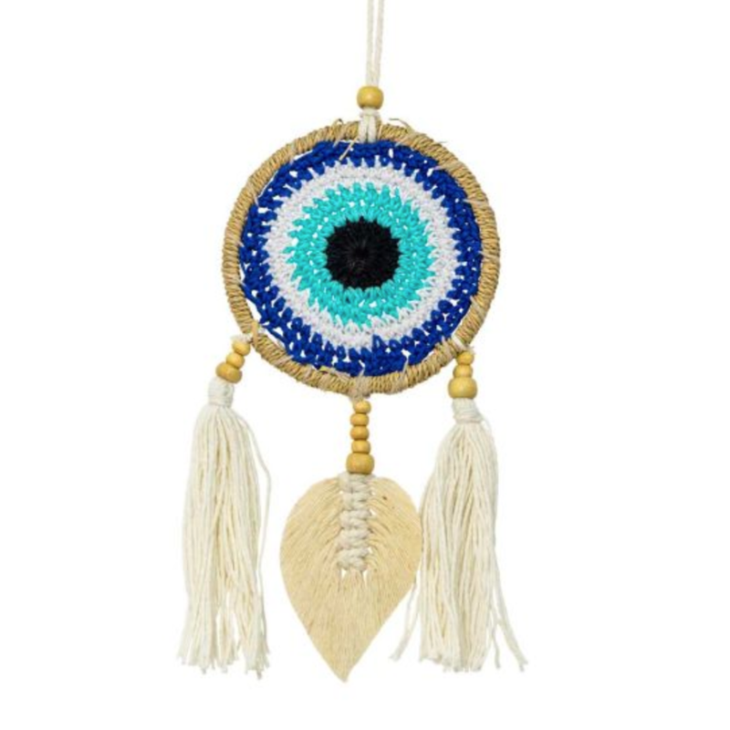 Boho Twine Wrapped Woven Evil Eye Dreamcatcher with macrame leaves, handmade for protection, peace, and bohemian beauty.