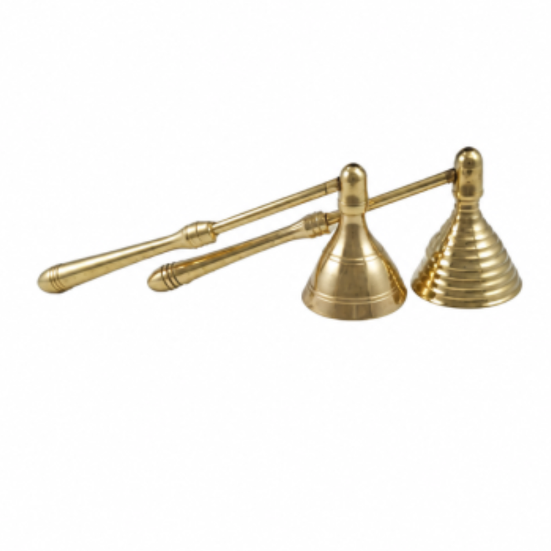 Brass Candle Snuffer with polished finish, used to safely extinguish candles during rituals and meditation.