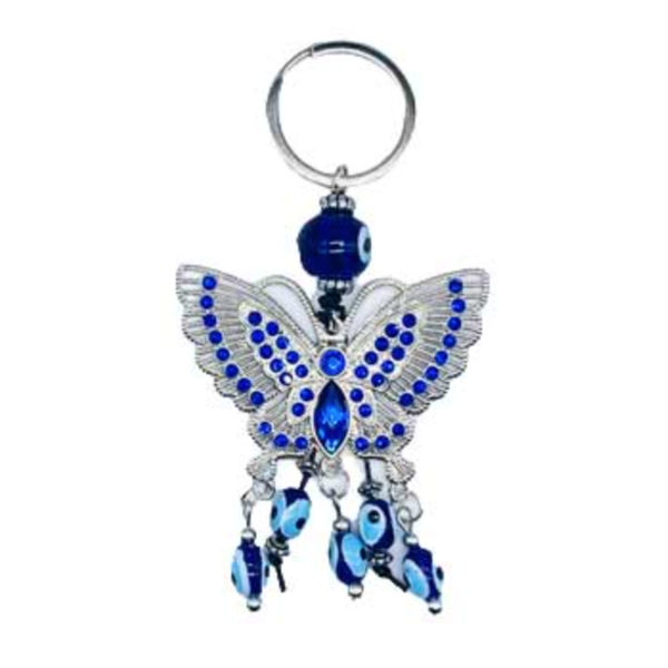 Butterfly Evil Eye Keychain featuring blue Evil Eye charm and butterfly design for protection, transformation, and positive energy.