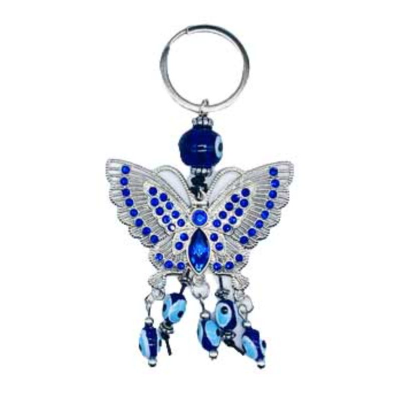 Butterfly Evil Eye Keychain featuring blue Evil Eye charm and butterfly design for protection, transformation, and positive energy.