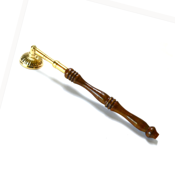 Brass candle snuffer with wooden handle, 7.5 inches