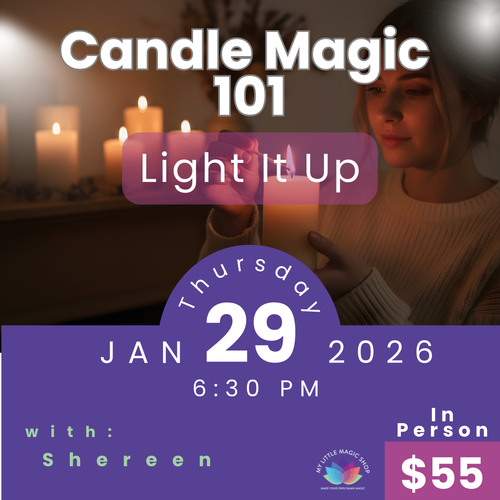Promotional flyer for 'Candle Magic 101' event with a woman lighting a candle, candles in the background, and event details.
