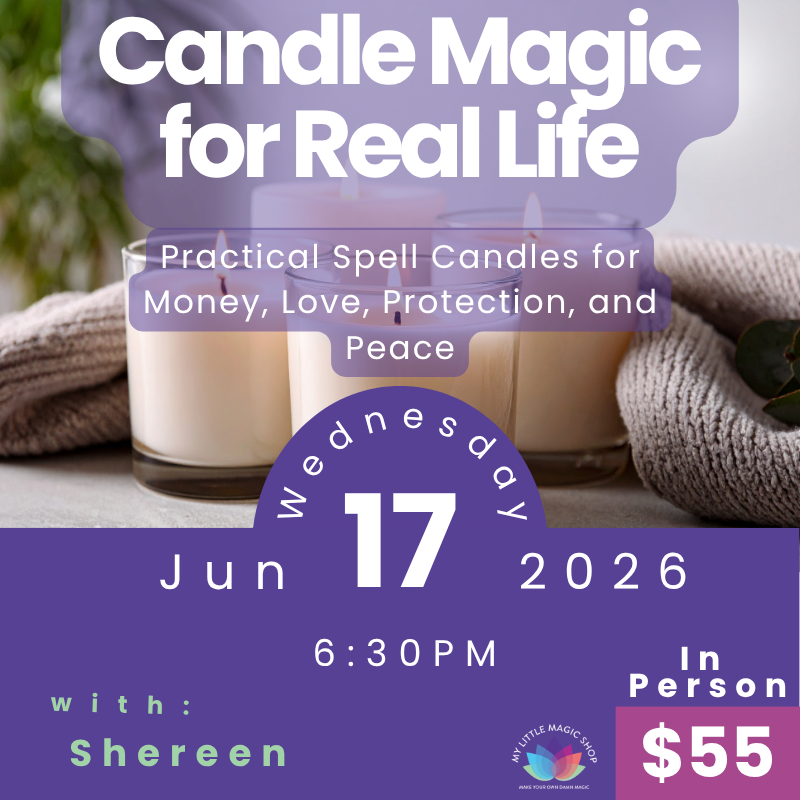 Promotional flyer for 'Candle Magic for Real Life' event with candles and text details.