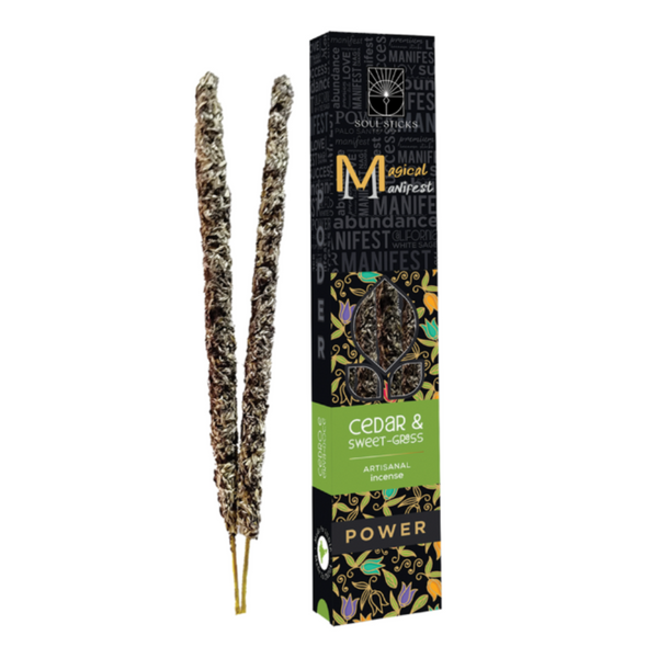 Cedar & Sweetgrass Power Magical Manifest Artisanal Incense Sticks with packaging, crafted for cleansing, empowerment, and ritual use.