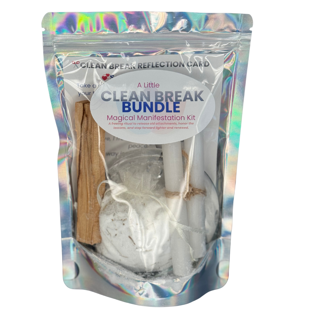 Clean Break Bundle with Palo Santo, pre-tied candles, candle plate, purification soak, and Selenite stick on a white background.