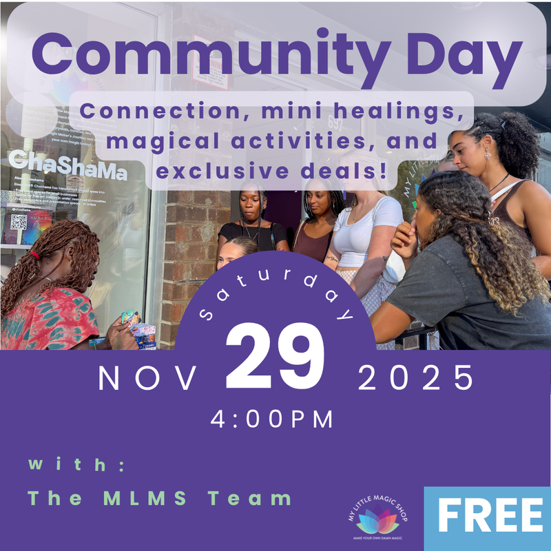  Guests enjoying mini readings, snacks, and conversation during Community Day at My Little Magic Shop in NYC.
