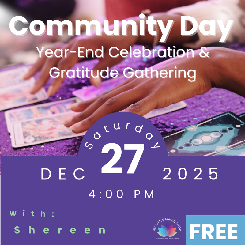 Guests enjoying mini readings and festive activities during a year-end Community Day at My Little Magic Shop