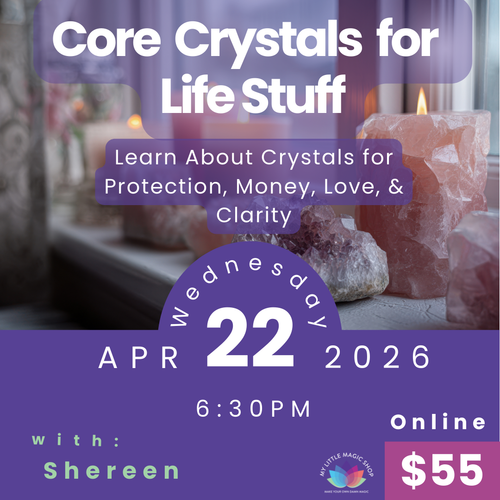 Promotional flyer for a crystal workshop with text and images of crystals and candles.