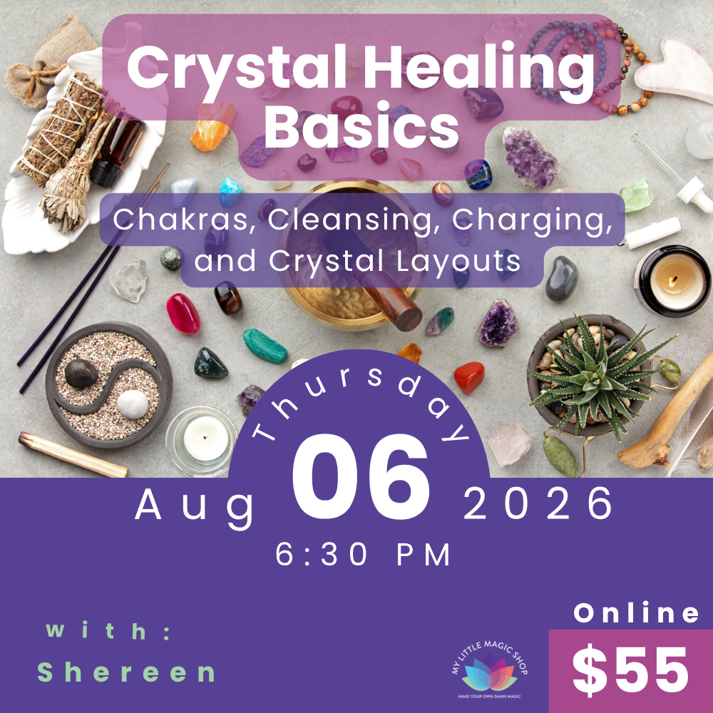 Promotional flyer for a crystal healing basics workshop with various crystals and tools on a gray background.