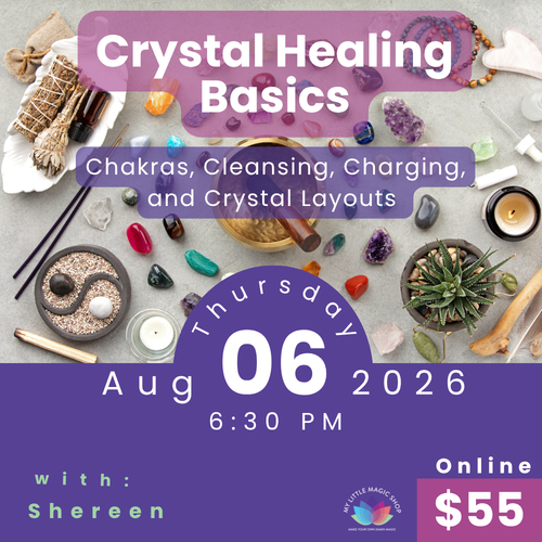 Promotional flyer for a crystal healing basics workshop with various crystals and tools on a gray background.