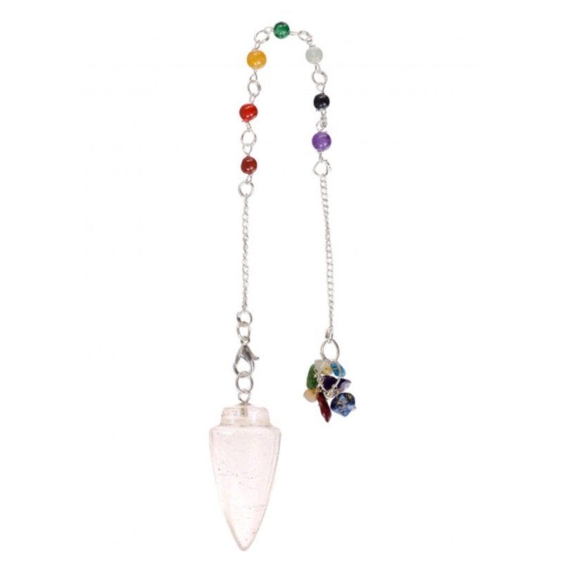 Curved Clear Quartz Chakra Pendulum with seven chakra stones for energy balance, clarity, and intuitive divination.