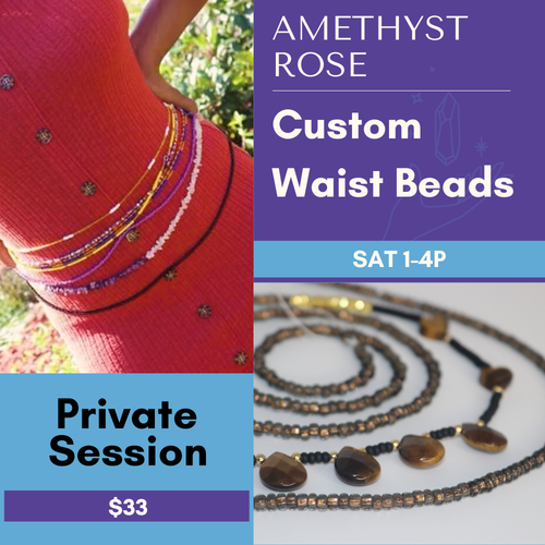 A handcrafted waist bead strand with amethyst and gold accents displayed beside a cup of herbal tea and a rose quartz crystal, symbolizing self-love and sacred intention.