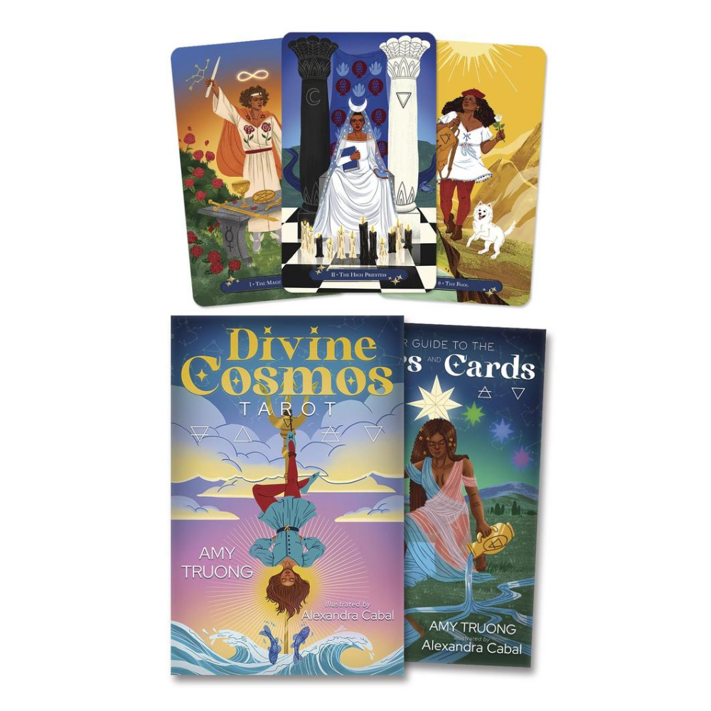 Divine Cosmos Tarot deck box and illustrated cards