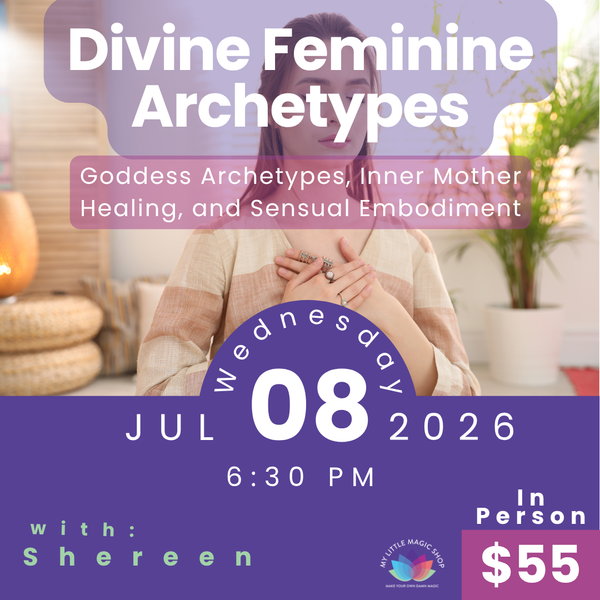 Promotional flyer for a workshop titled 'Divine Feminine Archetypes' with a date and time on a purple background.
