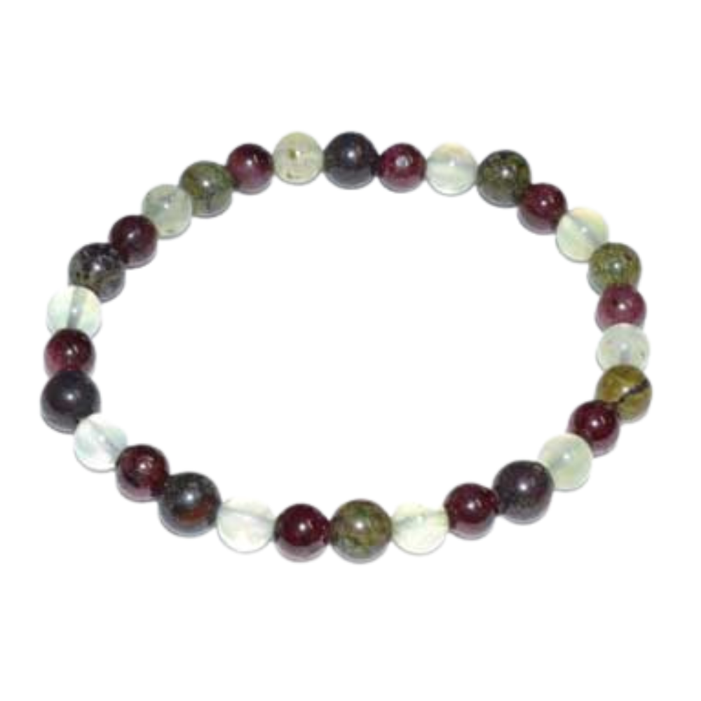 Dragon Blood Jasper, Garnet, and Prehnite bead bracelet