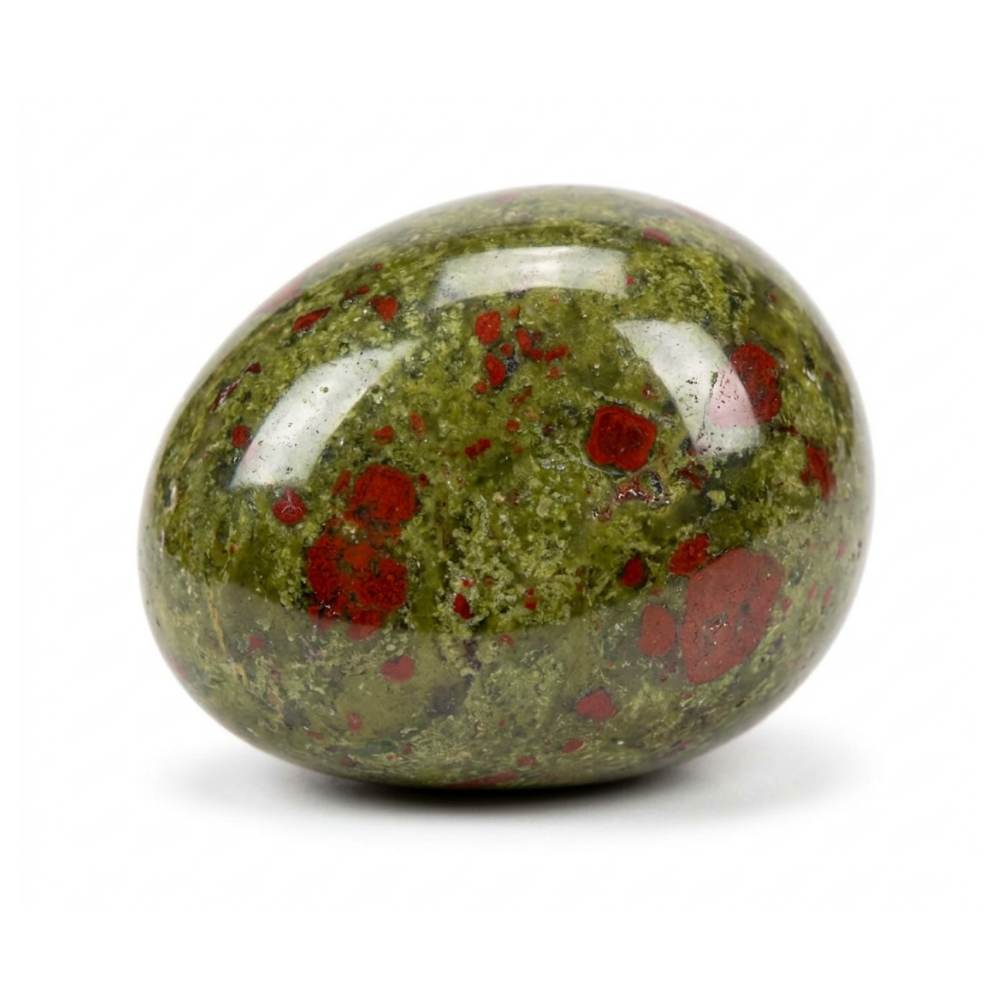 A polished green jasper stone with red matrix inclusions, photographed on a clean white background.