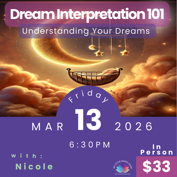 Promotional flyer for 'Dream Interpretation 101' event with a celestial design, date, time, and price.