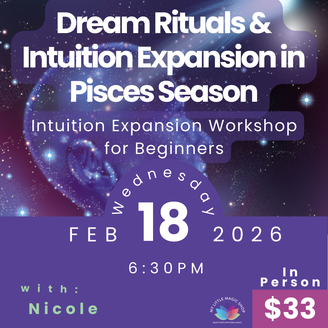 Promotional flyer for a dream rituals and intuition expansion event in Pisces season with a starry night background.