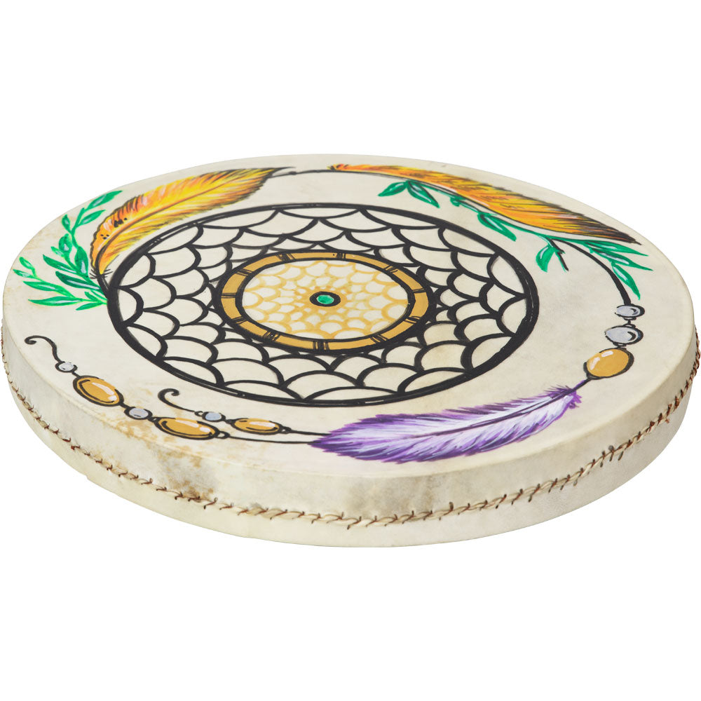 Hand-painted dreamcatcher ceremonial drum with feather detailing