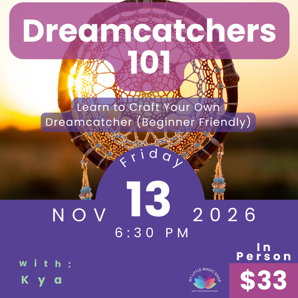 Promotional flyer for a dreamcatcher-making workshop with a dreamcatcher image and event details.