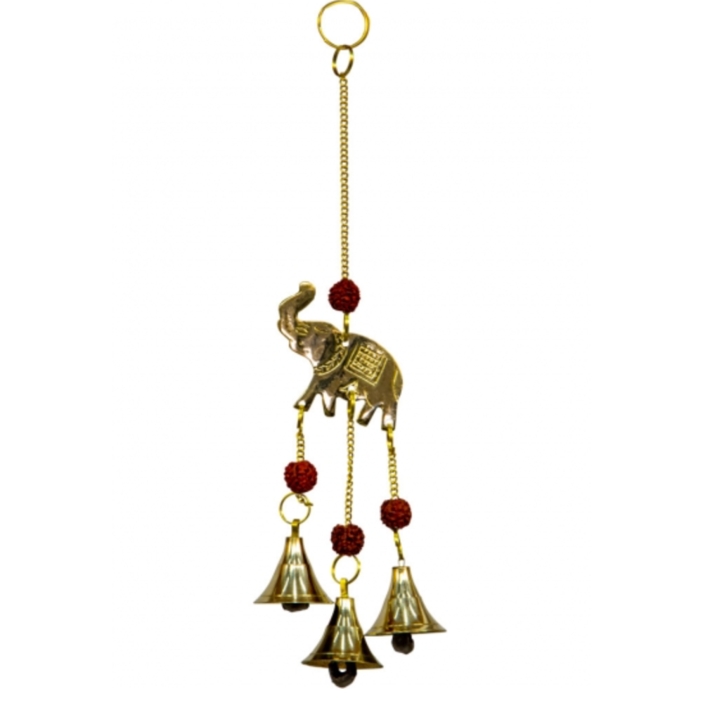 Elephant with Rudraksha Brass Bell Chime featuring sacred beads and elephant charm for protection, prosperity, and peace.