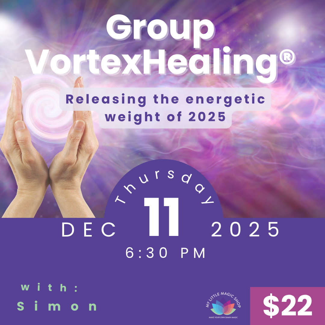 Participants seated in a circle during a deep end-of-year VortexHealing® session led by Simon Deacon at My Little Magic Shop.