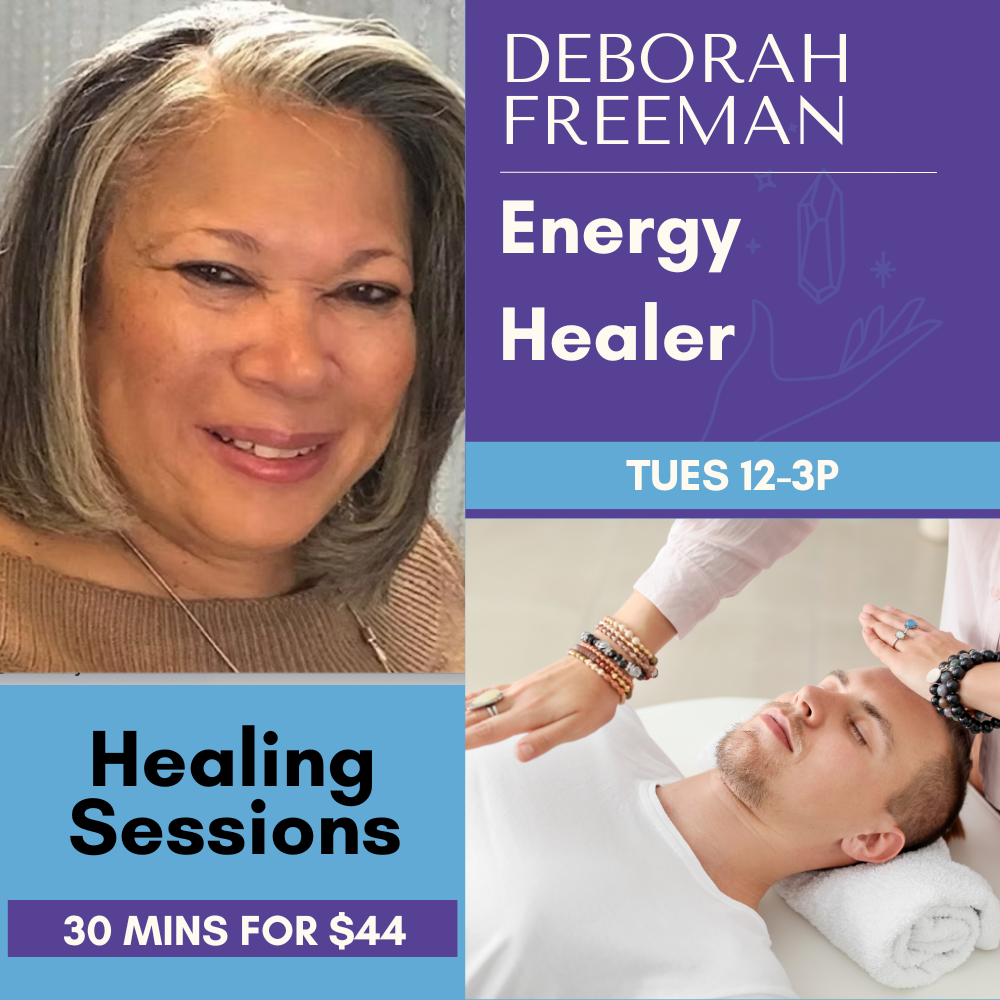Deborah Freeman offering a serene energy healing session, with her hands gently guiding universal life force energy to support chakra balance and emotional clarity.