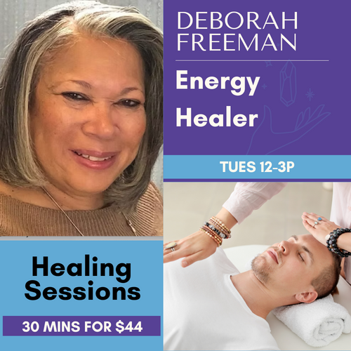 Deborah Freeman offering a serene energy healing session, with her hands gently guiding universal life force energy to support chakra balance and emotional clarity.