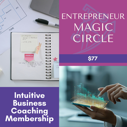Advertisement for 'Entrepreneur Magic Circle' with a notebook, pen, and futuristic interface image.
