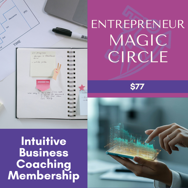 Advertisement for 'Entrepreneur Magic Circle' with a notebook, pen, and futuristic interface image.