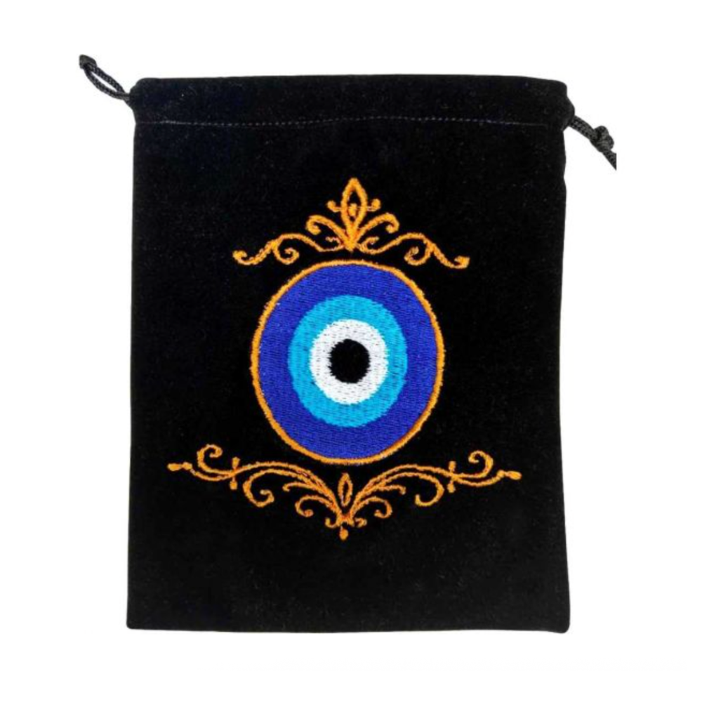 Embroidered velvet bag with evil eye design